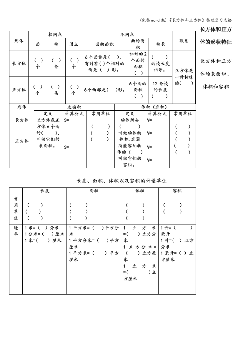 长方体和正方体整理复习表格