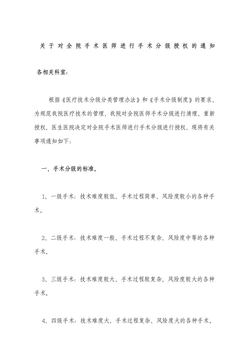 关于手术分级授权的通知