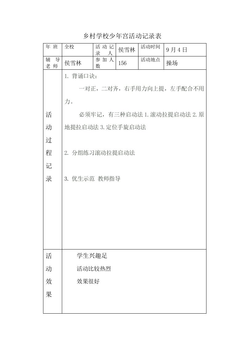 2014年乡村学校少年宫空竹活动记录表