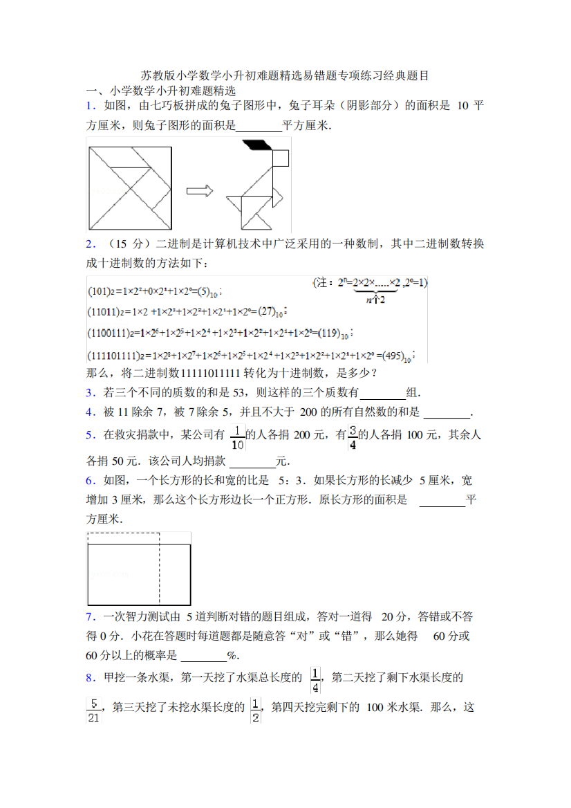 苏教版小学数学小升初难题精选易错题专项练习经典题目