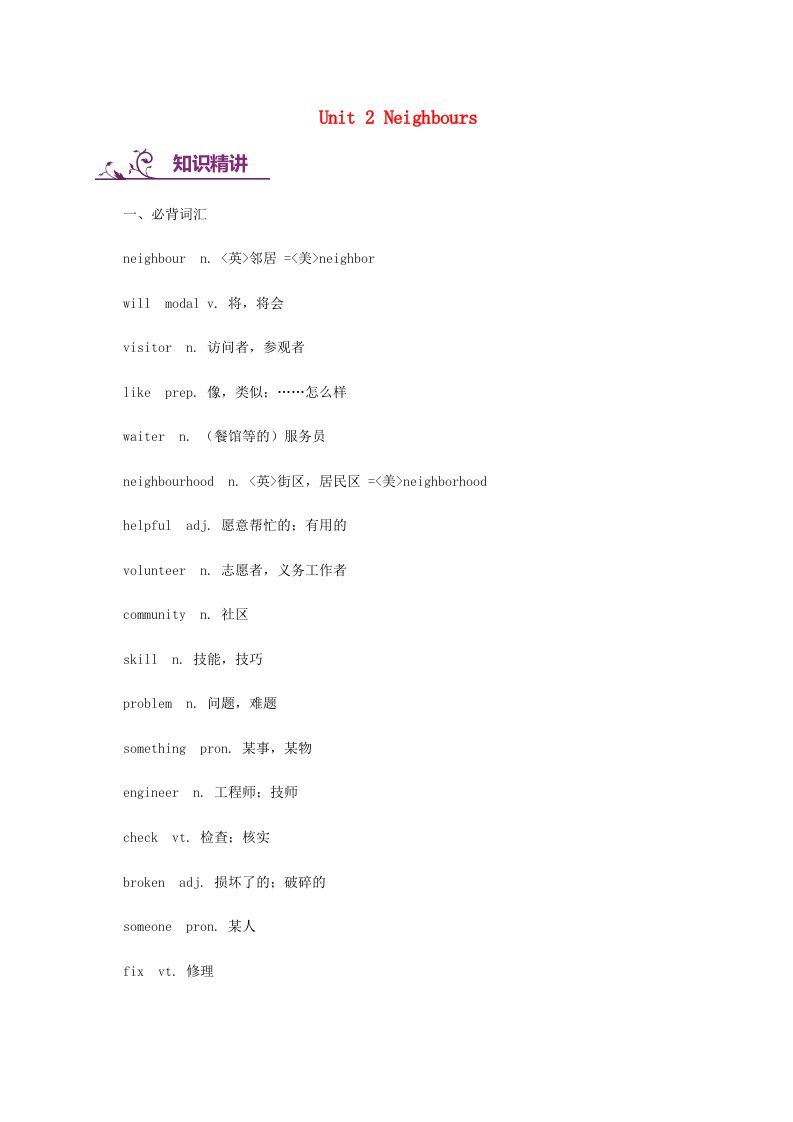 七年级英语下册Unit2Neighbours词汇与语法基础训练新版牛津版