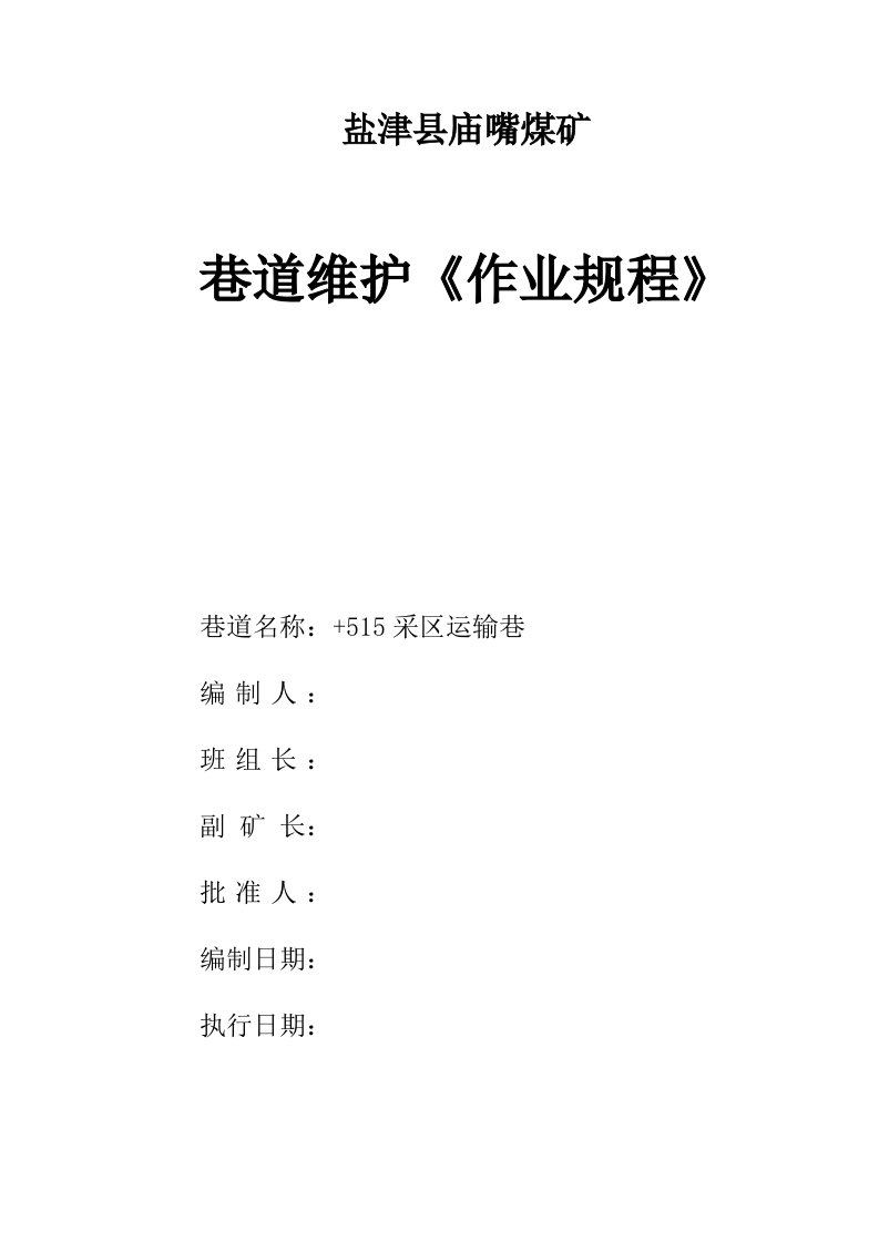 盐津县庙嘴煤矿采区运输顺槽维护作业规程