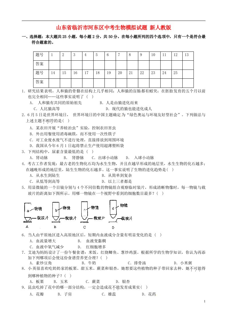 山东省临沂市河东区中考生物模拟试题