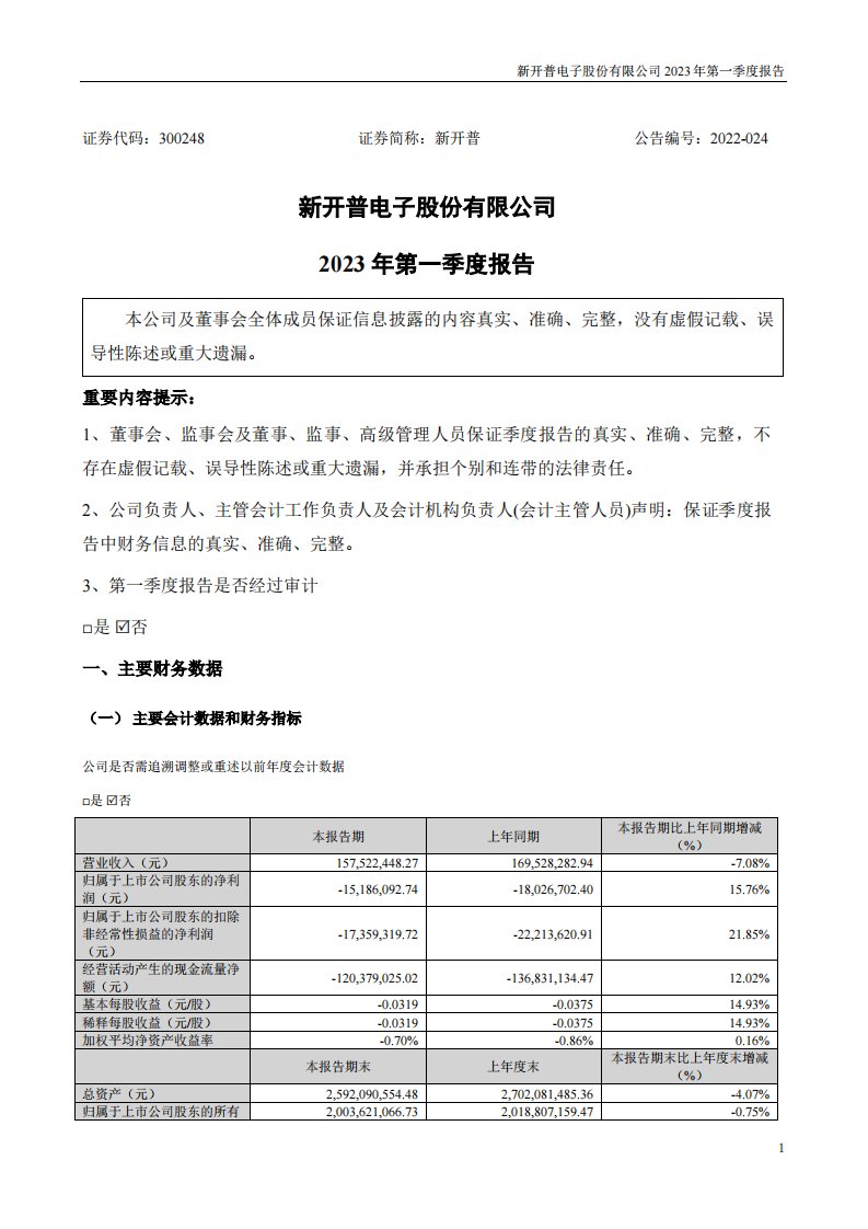 深交所-新开普：2023年一季度报告-20230427