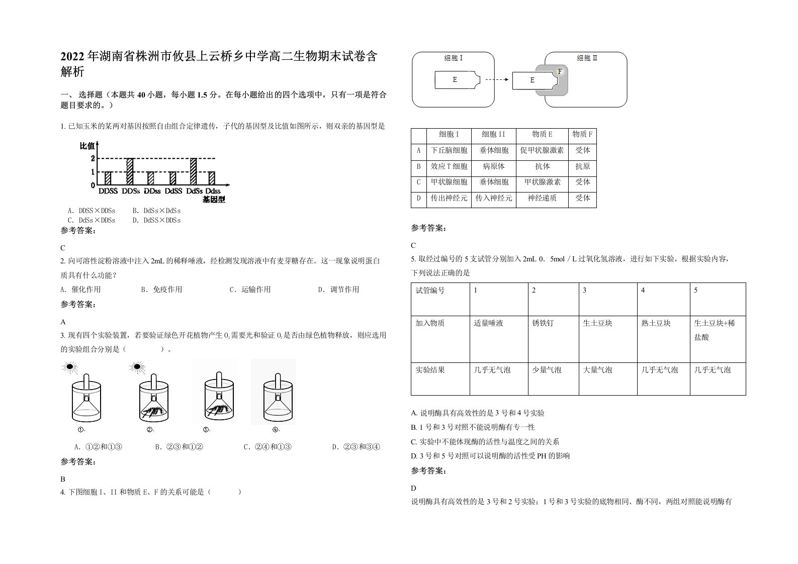 2022年湖南省株洲市攸县上云桥乡中学高二生物期末试卷含解析