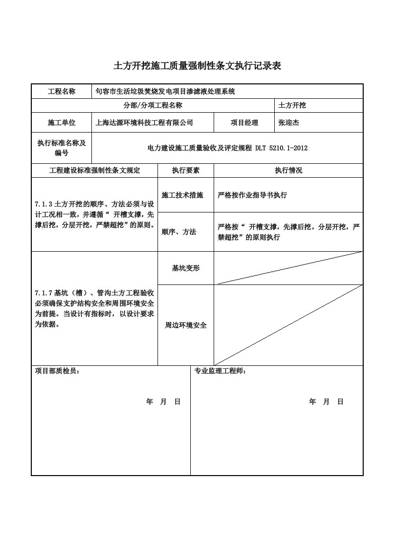 土方开挖施工质量强制性条文执行记录表