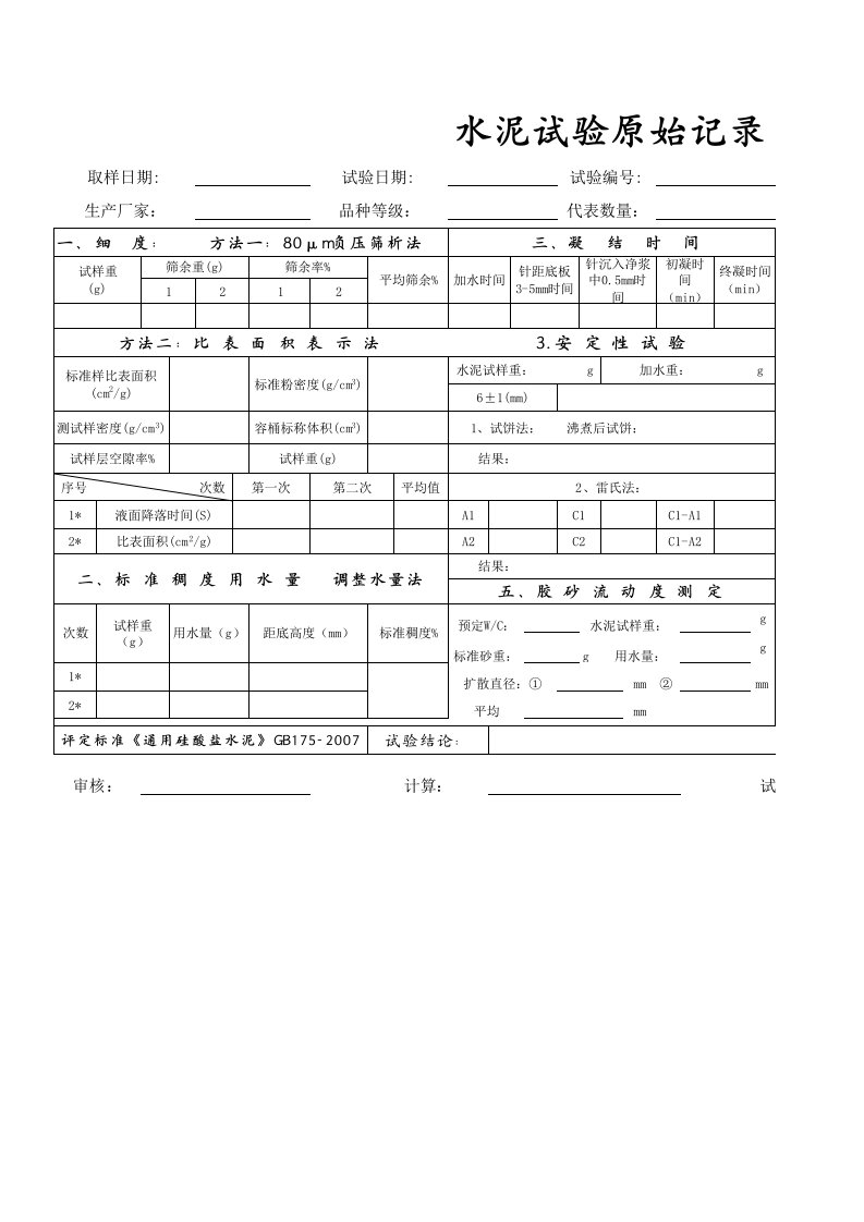 混凝土所有原材料试验的原始记录