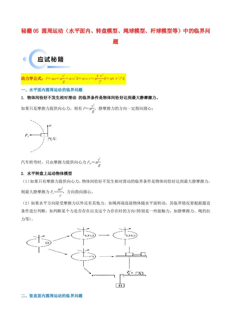 新高考通用备战2024年高考物理抢分秘籍05圆周运动水平面内转盘模型绳球模型杆球模型等中的临界问题教师版