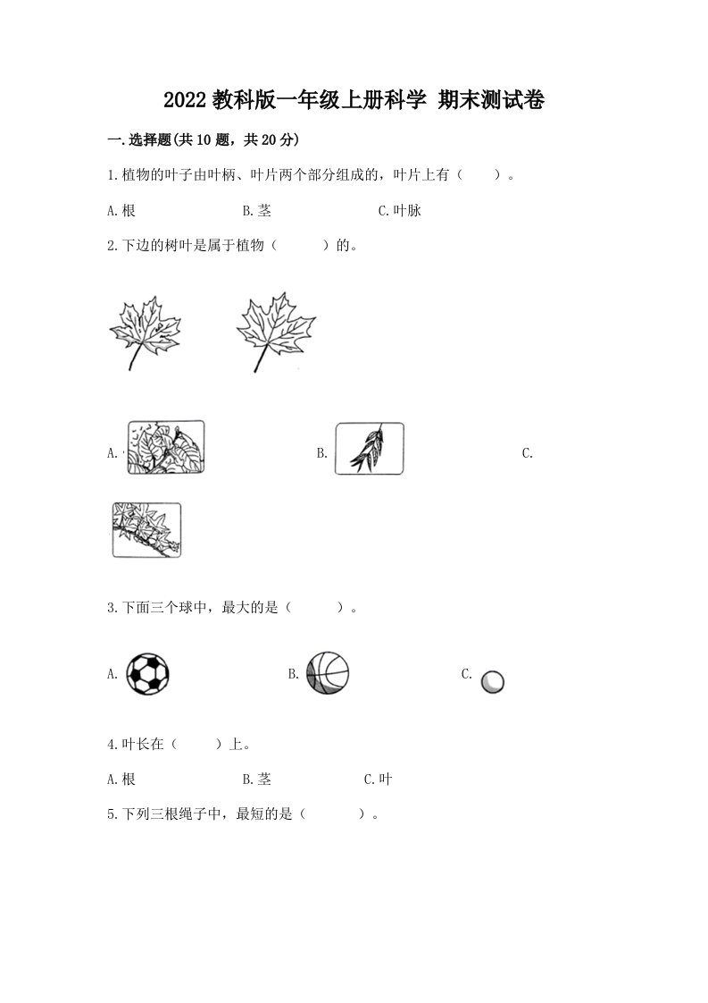 2022教科版一年级上册科学