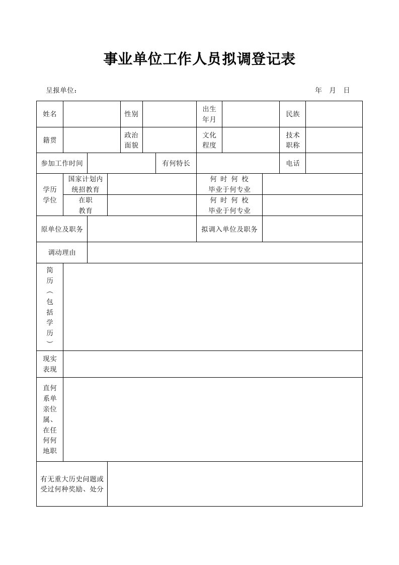 事业单位工作人员拟调登记表1