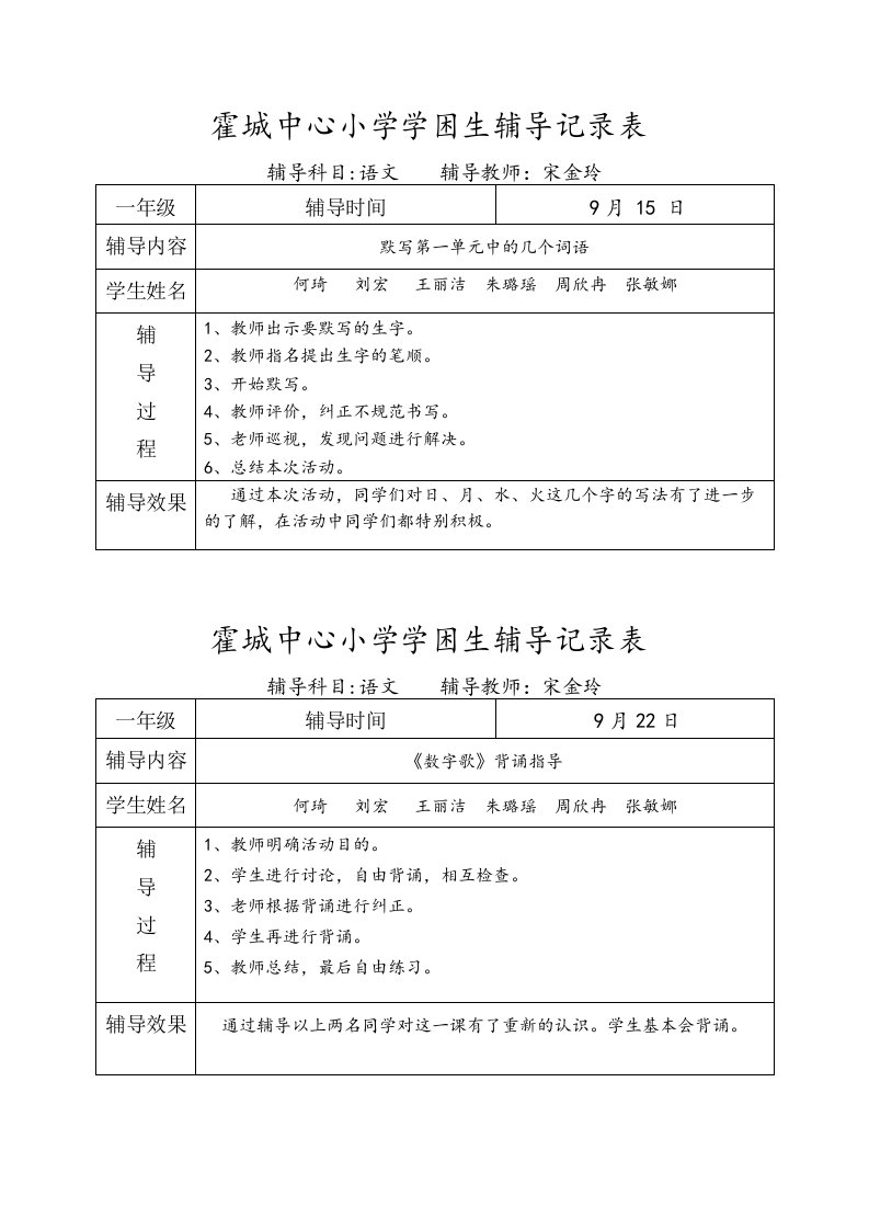 一年级语文学困生辅导记录表