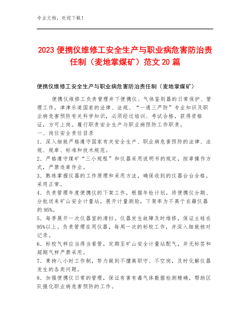 2023便携仪维修工安全生产与职业病危害防治责任制（麦地掌煤矿）范文20篇