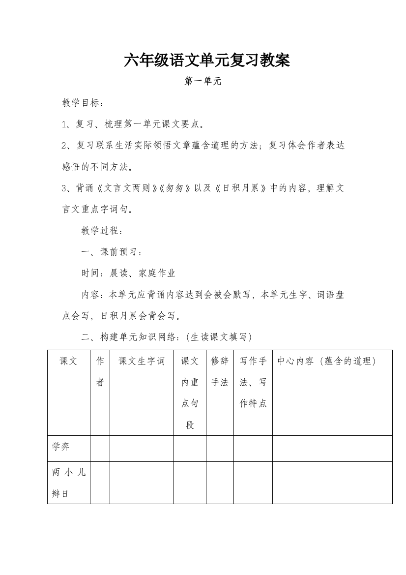 人教版六年级语文下册单元复习教案