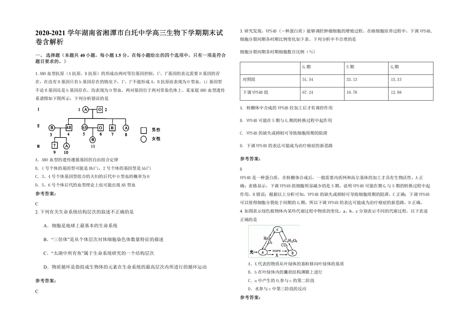 2020-2021学年湖南省湘潭市白圫中学高三生物下学期期末试卷含解析