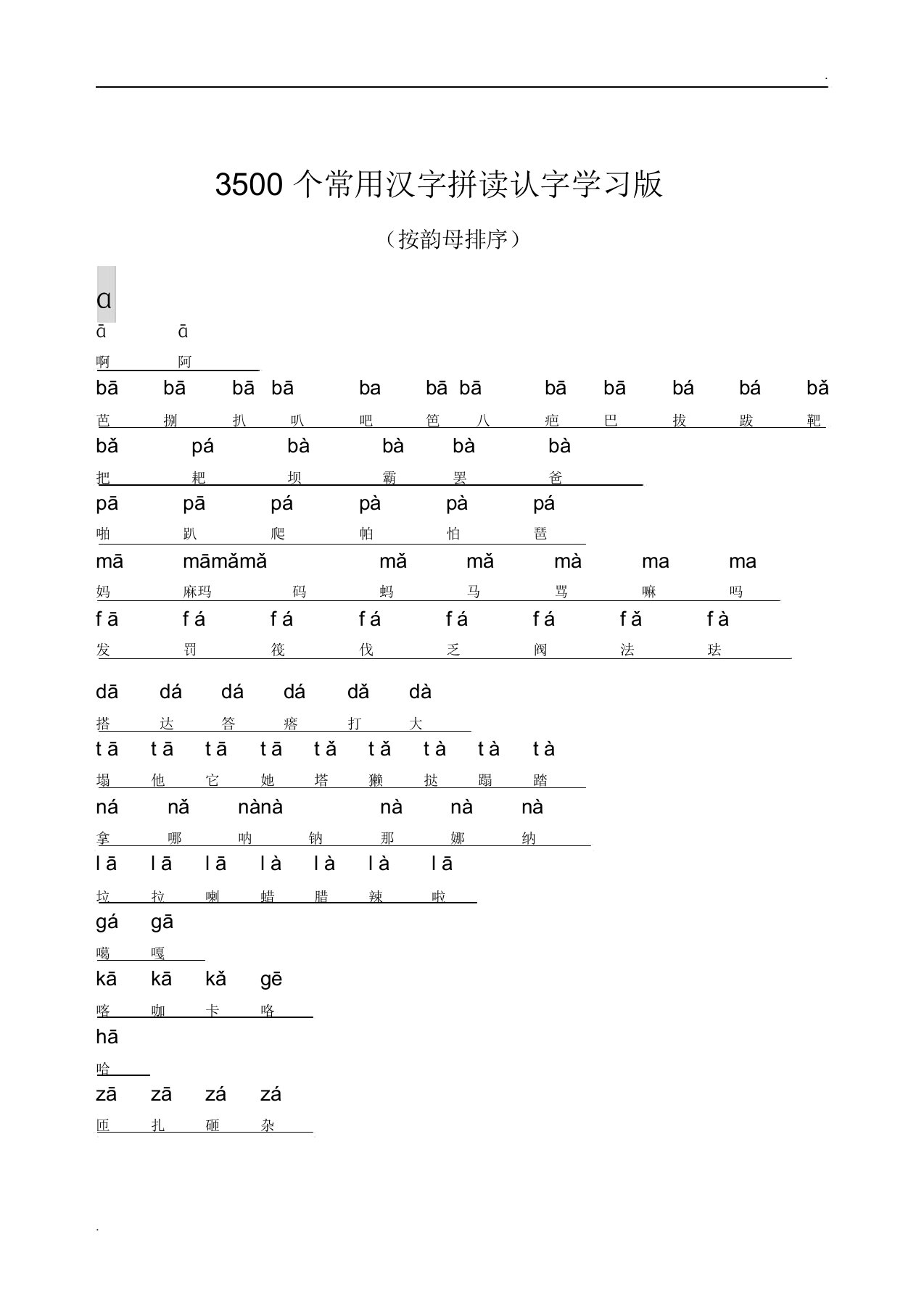 3500个常用汉字(韵母排序法)