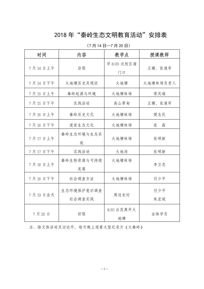 2018年秦岭生态文明教育活动安排表