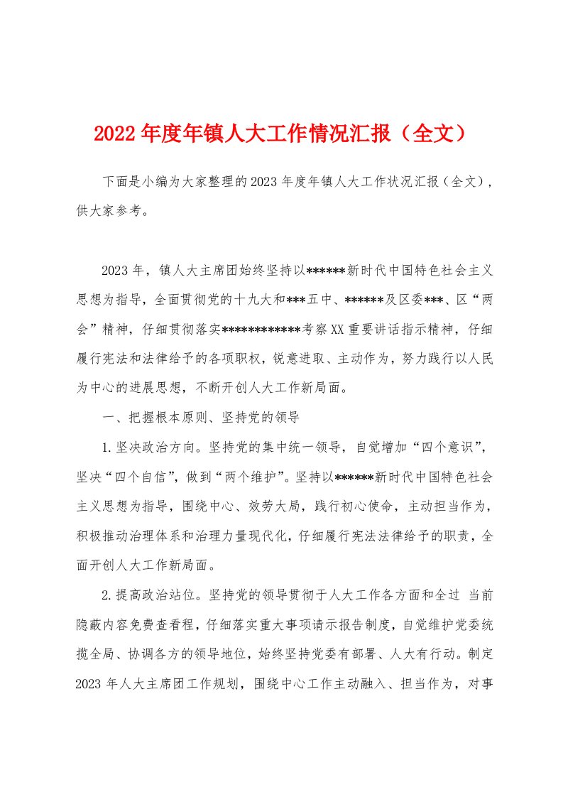 2023年度年镇人大工作情况汇报