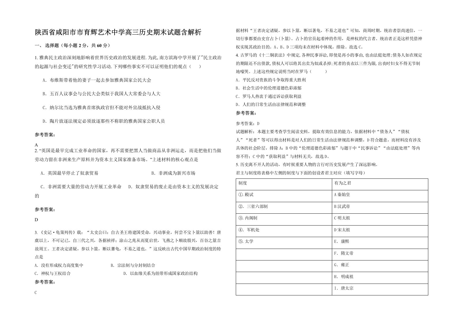 陕西省咸阳市市育辉艺术中学高三历史期末试题含解析