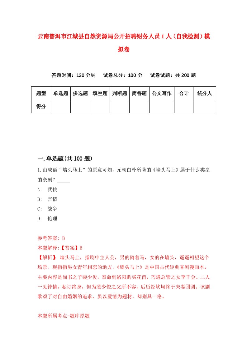 云南普洱市江城县自然资源局公开招聘财务人员1人自我检测模拟卷第7期