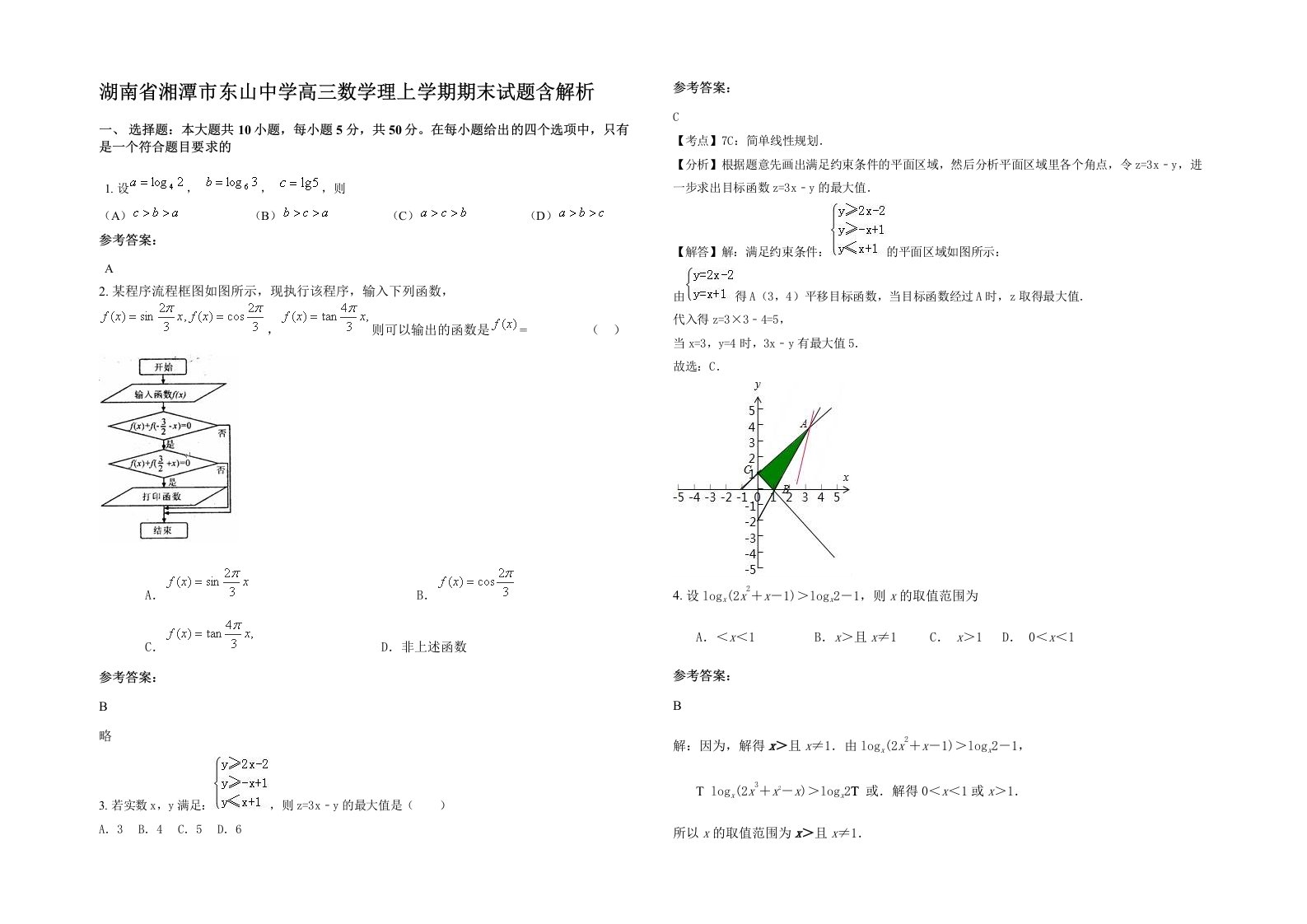 湖南省湘潭市东山中学高三数学理上学期期末试题含解析