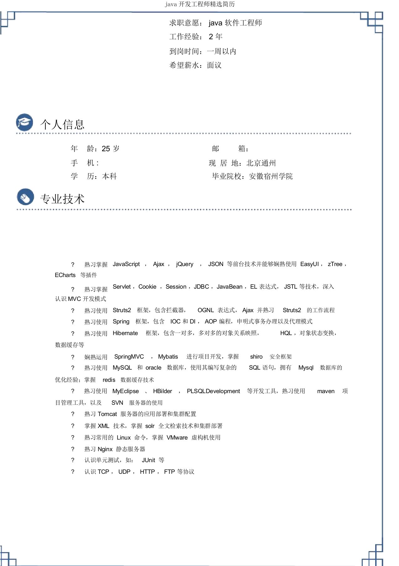 java开发工程师精选简历