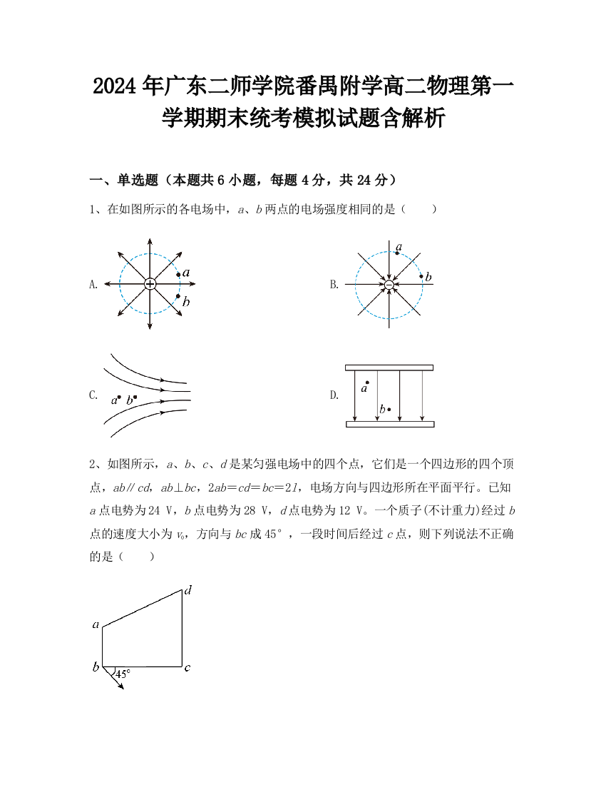 2024年广东二师学院番禺附学高二物理第一学期期末统考模拟试题含解析