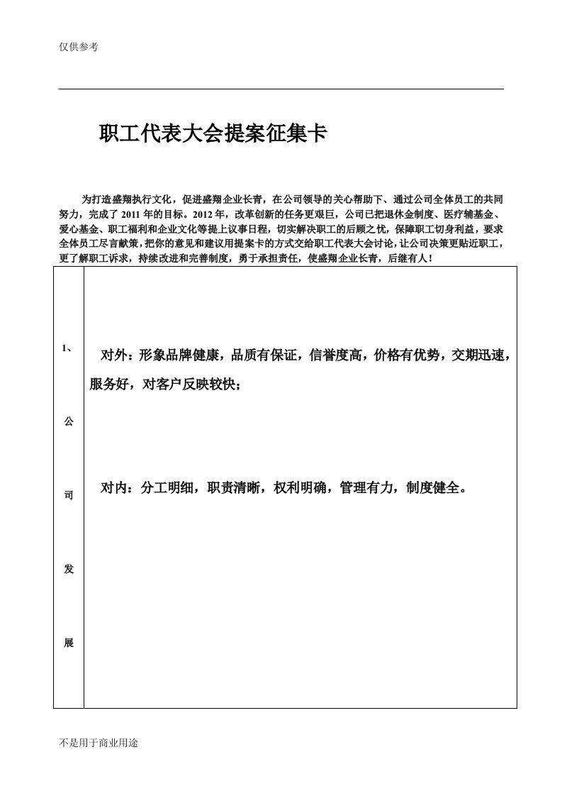 职工代表大会提案征集卡