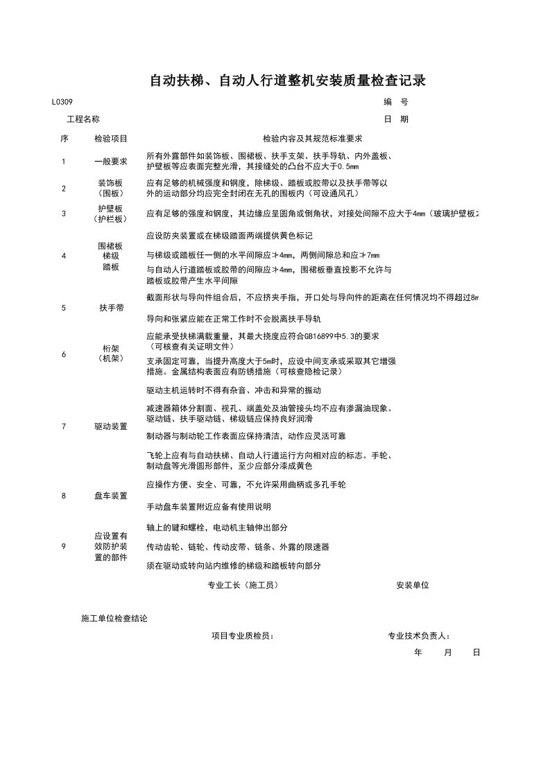 建筑工程-L0309_自动扶梯自动人行道整机安装质量检查记录