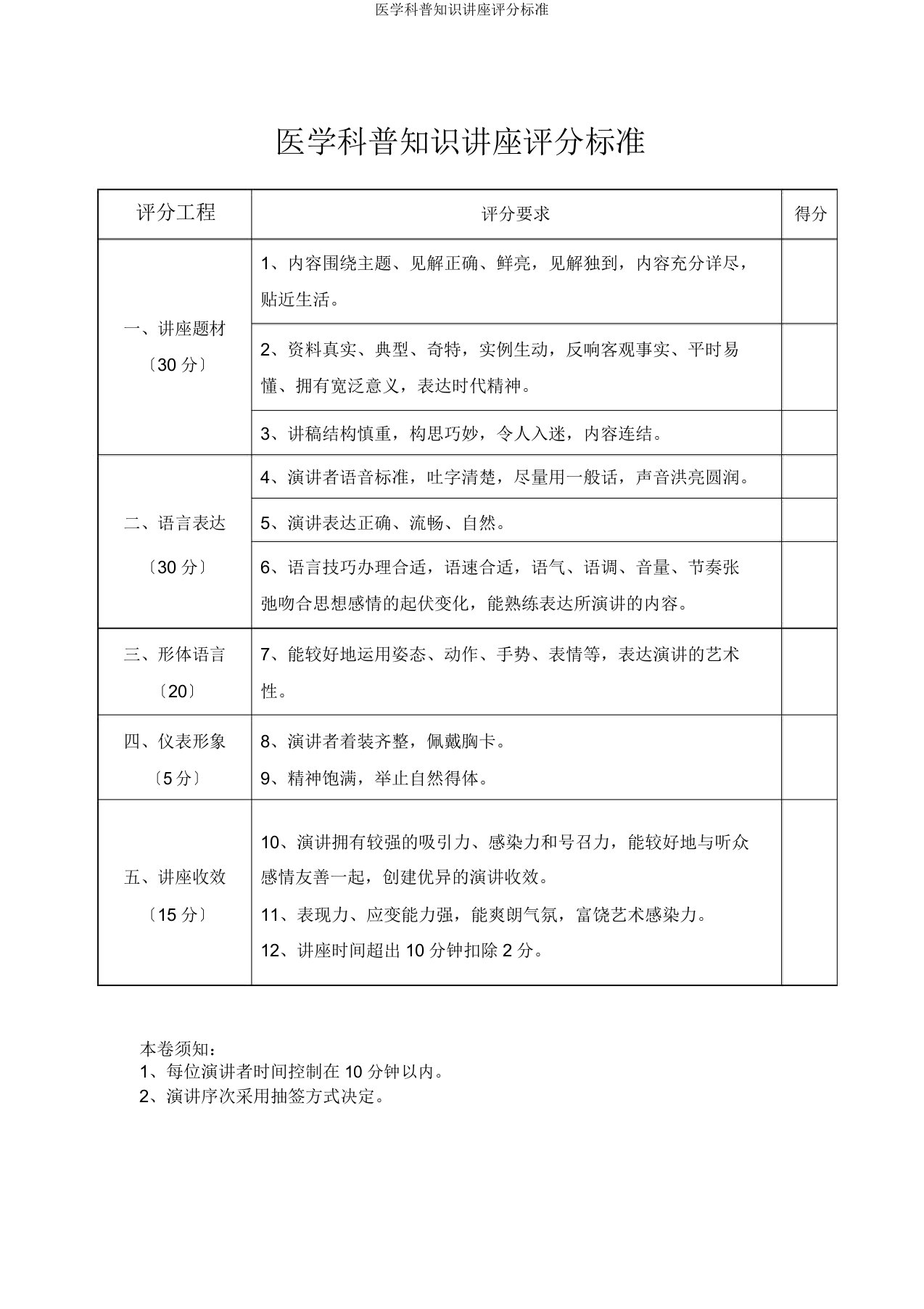 医学科普知识讲座评分标准