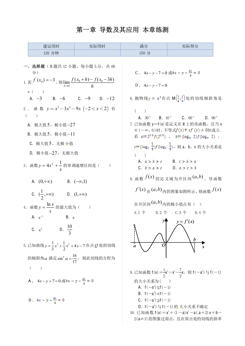 第一章导数及其应用单元试卷含答案详解