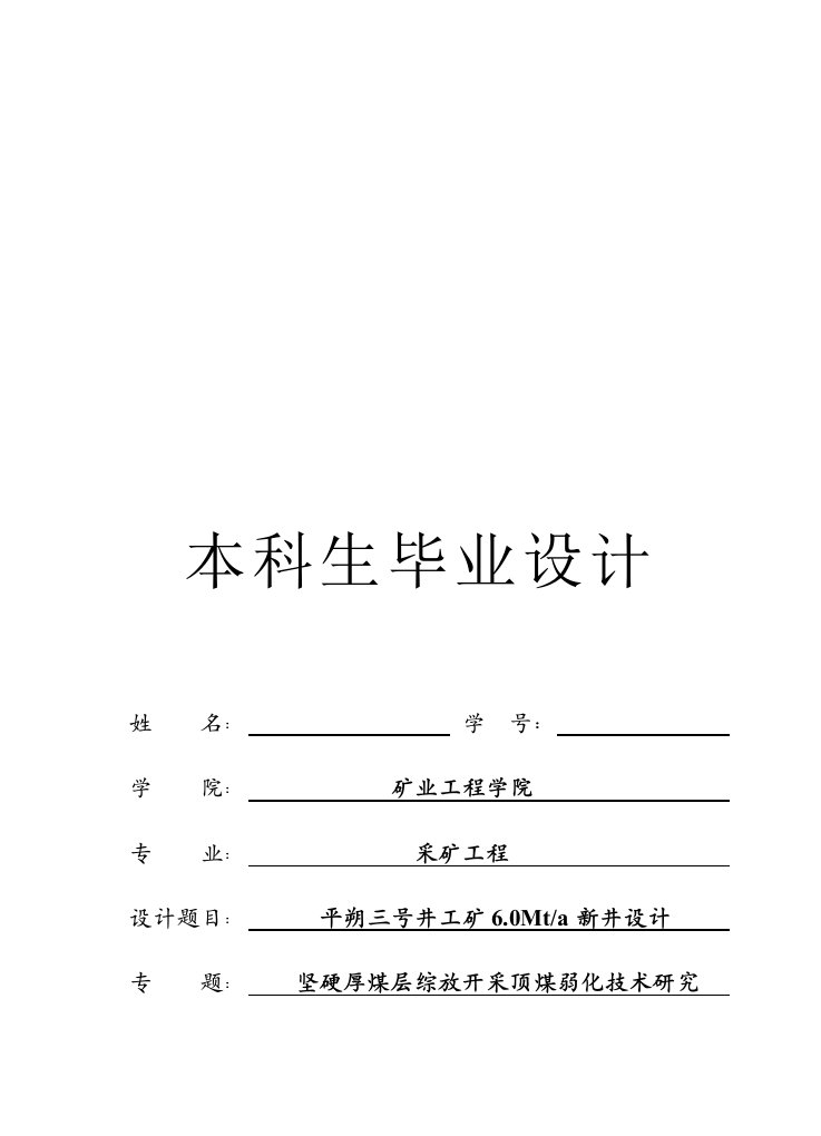 采矿专业毕业设计---某三号井工矿6.0Mta新井设计（含图纸）