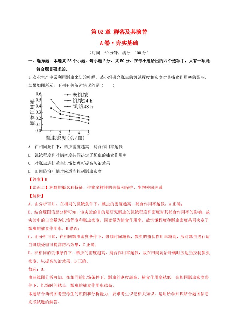 2023_2024学年高中生物第02章群落及其演替单元卷A夯实基础教师版新人教版选择性必修2