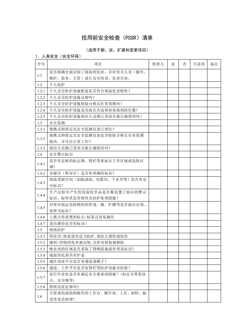 投用前安全检查表