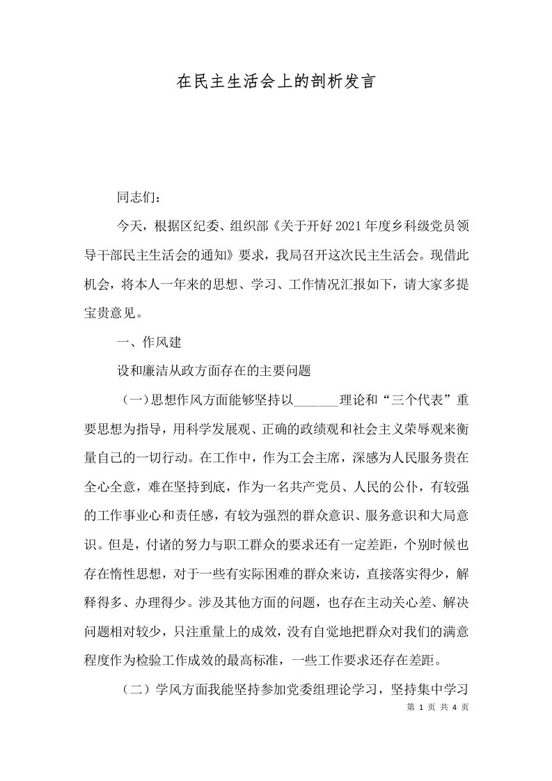 在民主生活会上的剖析发言（二）