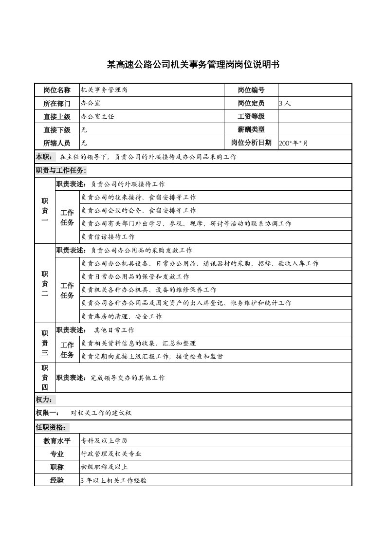 高速公路公司机关事务管理岗岗位说明书