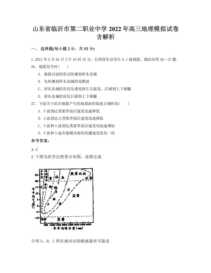 山东省临沂市第二职业中学2022年高三地理模拟试卷含解析