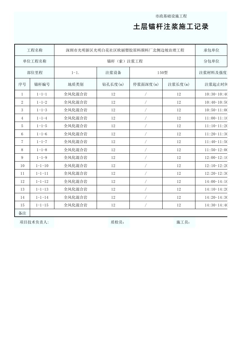 土层锚杆注浆施工记录（精选）