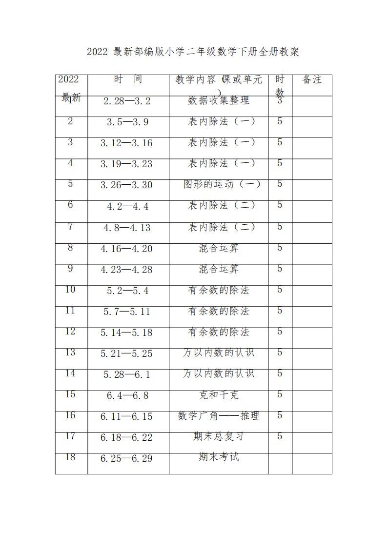 2022最新部编版小学二年级数学下册全册教案