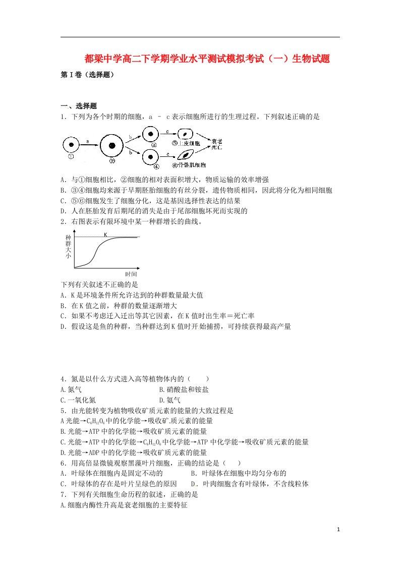 江苏省盱眙县高二生物下学期学业水平测试模拟考试（一）试题苏教版