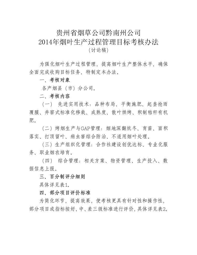 烟叶生产过程管理目标考核办法