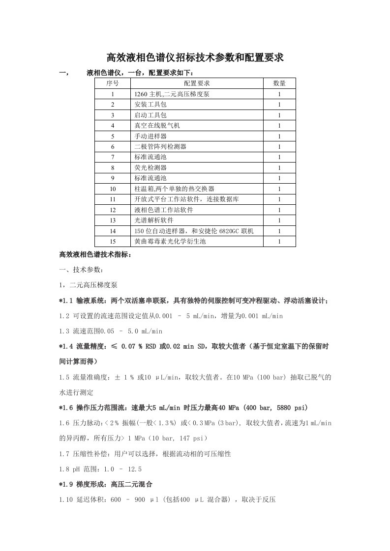 高效液相色谱仪招标技术参数和配置要求