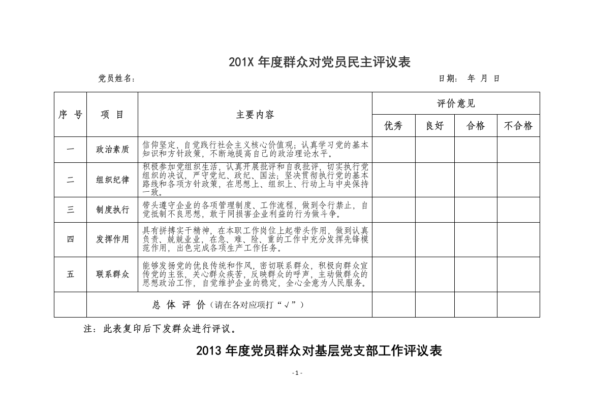 党员及党支部民主评议表