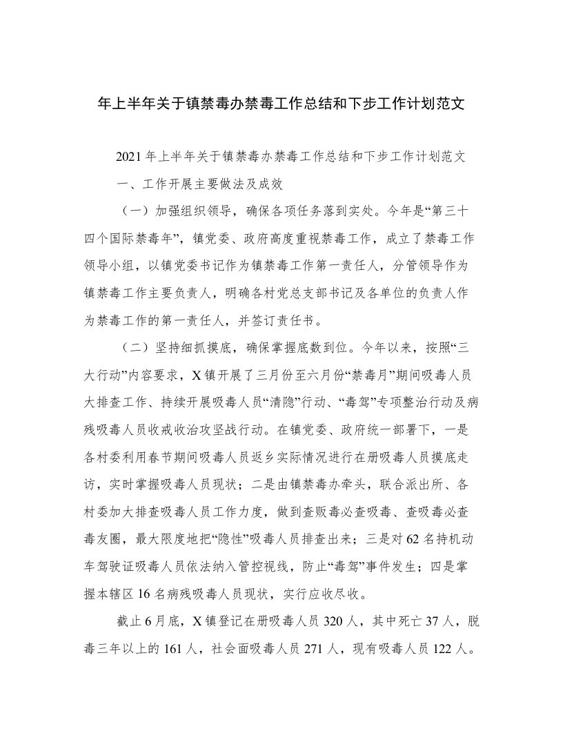 年上半年关于镇禁毒办禁毒工作总结和下步工作计划范文