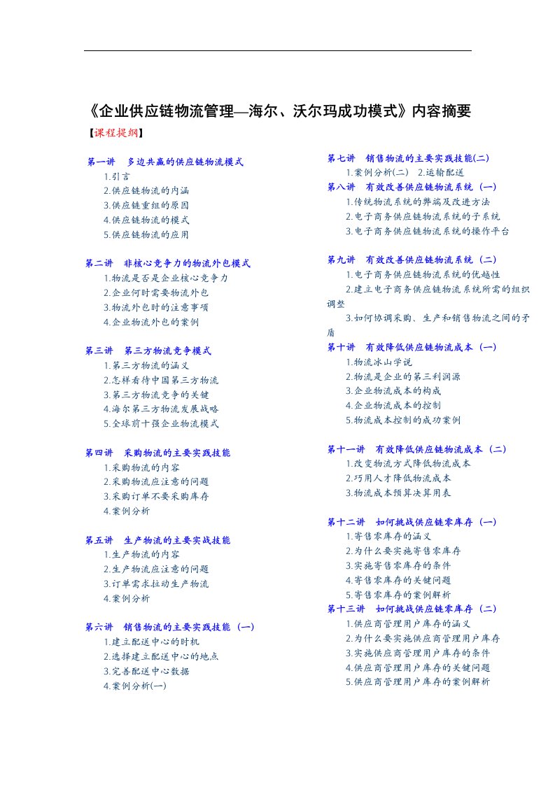 【管理精品】《企业供应链物流管理—海尔、沃尔玛成功模式》内容摘要