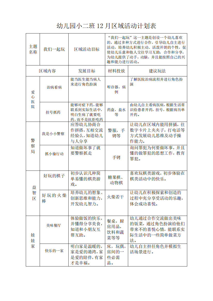 幼儿园12月份区域计划表