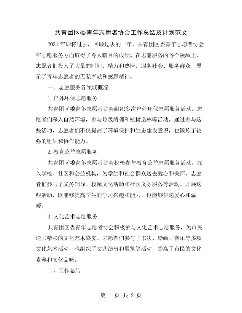 共青团区委青年志愿者协会工作总结及计划范文