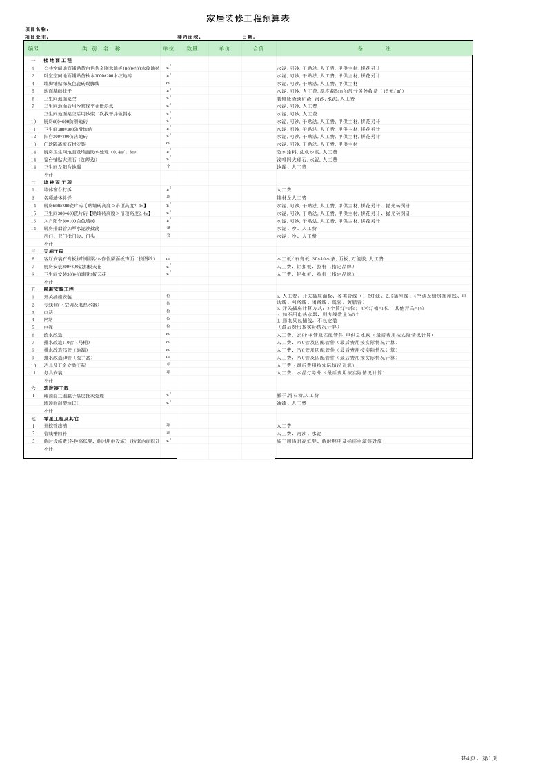 室内设计装修工程预算表格(样板)2018