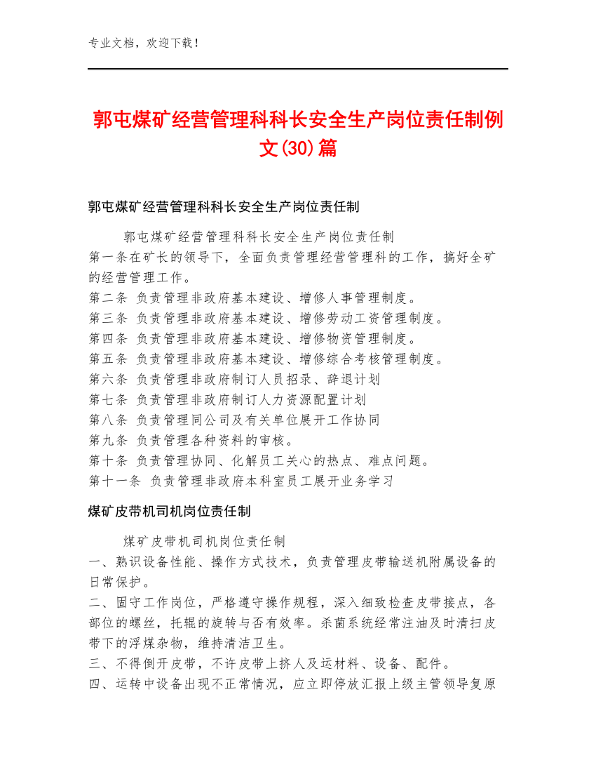 郭屯煤矿经营管理科科长安全生产岗位责任制例文(30)篇