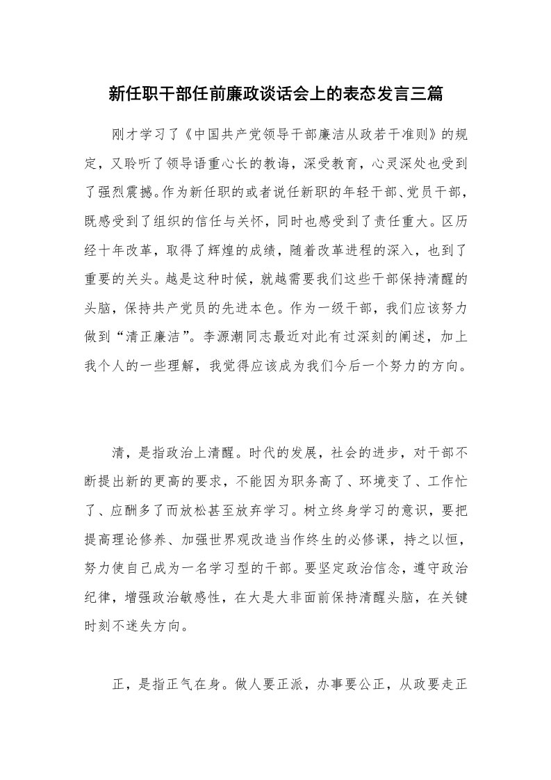 新任职干部任前廉政谈话会上的表态发言三篇