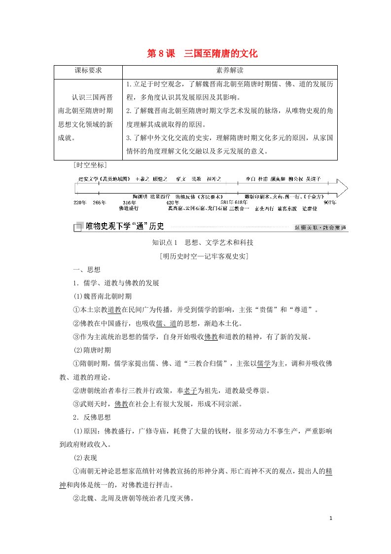 2021_2022年新教材高中历史第三单元辽宋夏金多民族政权的并立与元朝的统一第8课三国至隋唐的文化学案部编版必修上册